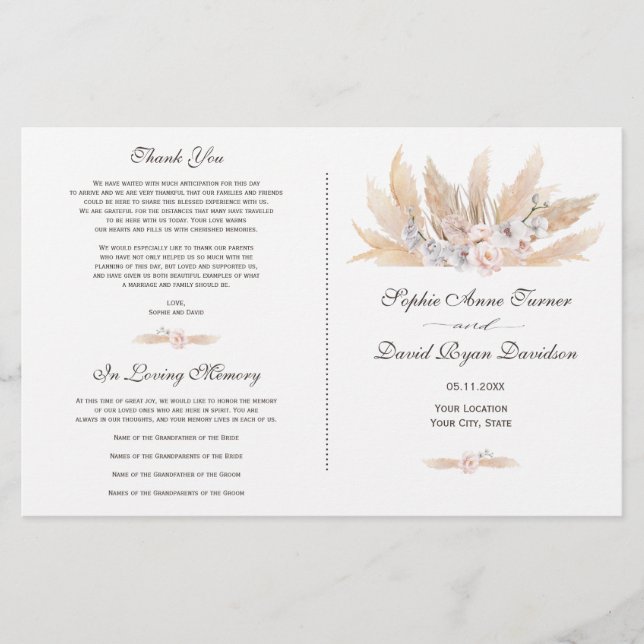 Blush Rose Orchid Pampas Grass Wedding Programm (Vorderseite)