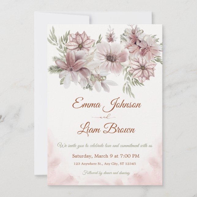 Blush Rose & Peach Floral Wedding Invitation (Devant)