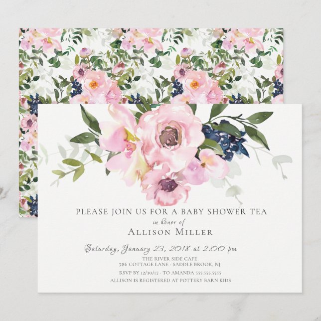 Blush Rose & Peonies Baby Tee Party Einladung (Vorne/Hinten)