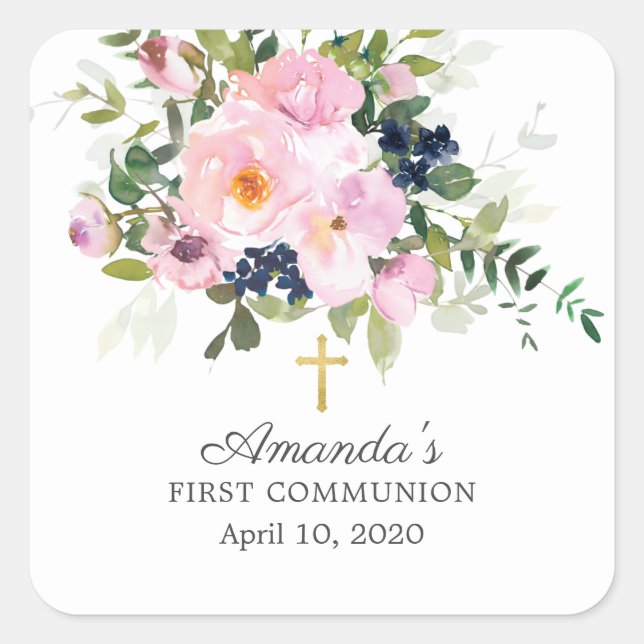 Blush-Rose & Peonies Erste Kommune-Aufkleber Quadratischer Aufkleber (Vorderseite)