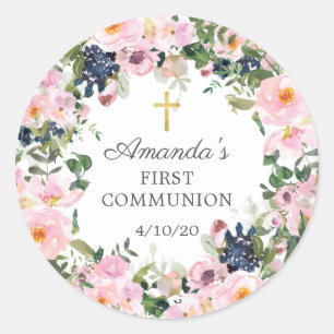 Blush-Rose & Peonies Erste Kommune-Aufkleber Runder Aufkleber