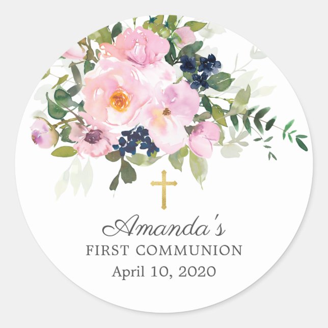 Blush-Rose & Peonies Erste Kommune-Aufkleber Runder Aufkleber (Vorderseite)