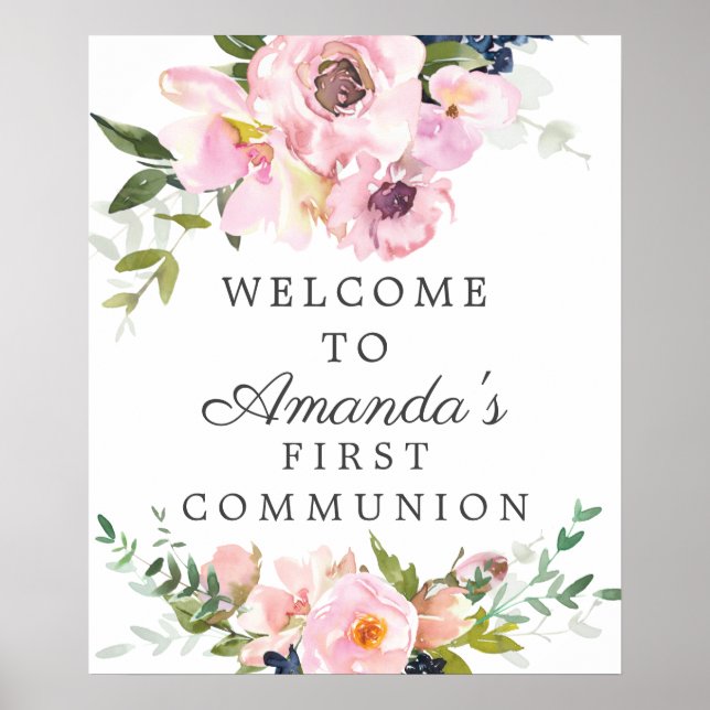 Blush Rose & Peonies Erste Kommune Begrüßungszeich Poster (Vorne)