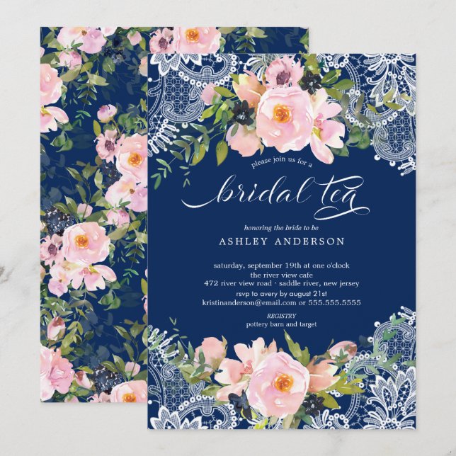 Blush Rose & Peonies laceBridal Dusche Bridal Tee Einladung (Vorne/Hinten)