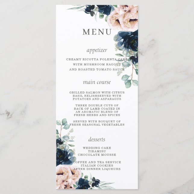 Blush Rose Poppies Marine Blue Floral Mariage Menu (Devant)