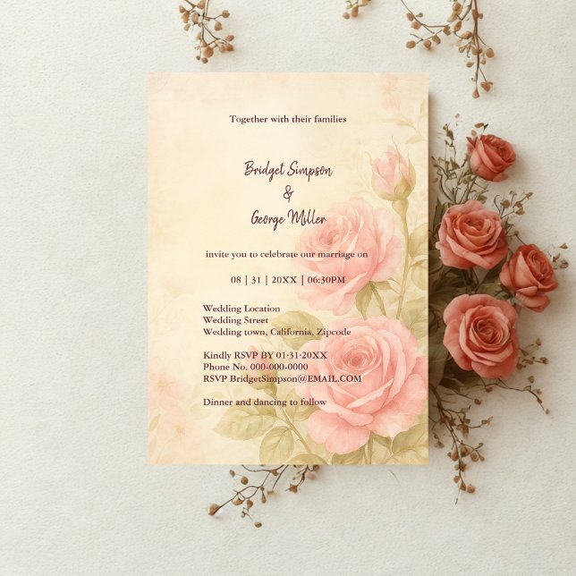 Blush Rose Romantische Vintage Hochzeit Einladung (Von Creator hochgeladen)