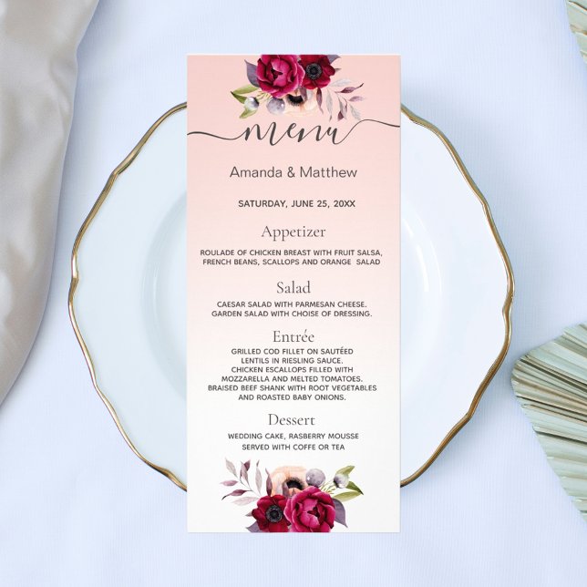 Blush rose rose or bordeaux floraux mariages menu (Créateur téléchargé)