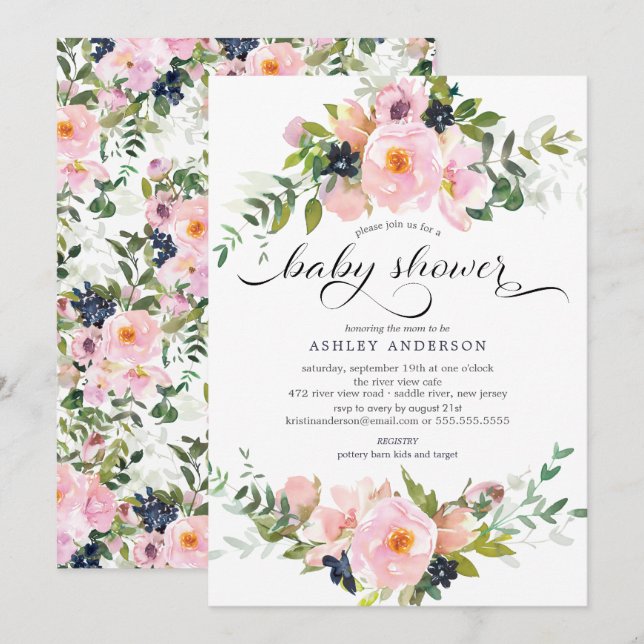 Blush-Rose und Peonies-Bläschen-Baby-Dusche Einladung (Vorne/Hinten)