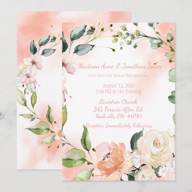 Blush Rose Wasserfarbe Elegantes Skript Hochzeit Einladung (Vorne/Hinten)