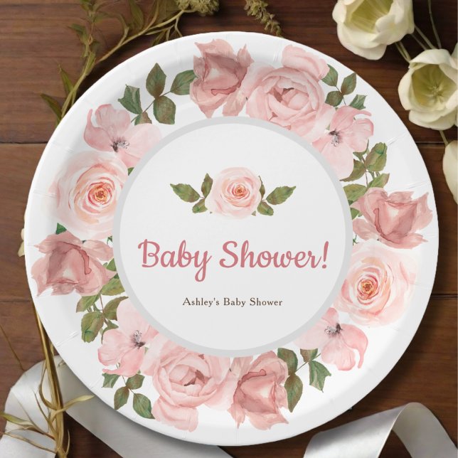 Blush Rose Wasserfarben BläsernBaby Dusche Pappteller (Von Creator hochgeladen)