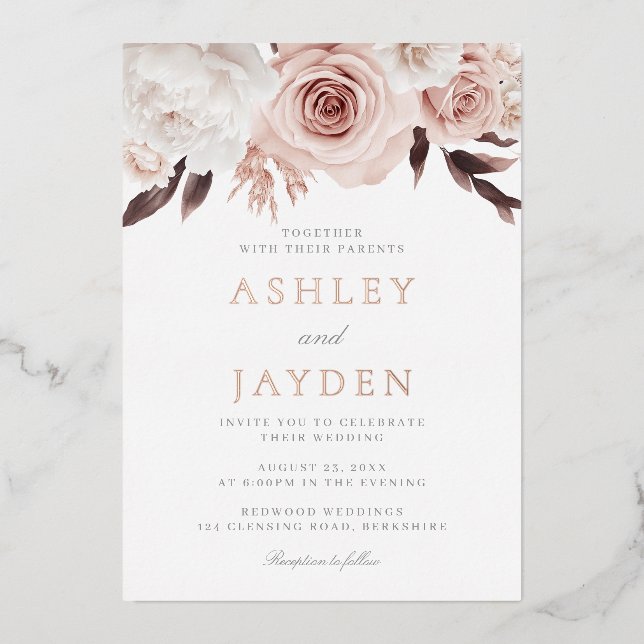 Blush Rose & White Blume Hochzeit Rose Gold Folieneinladung (Vorderseite)