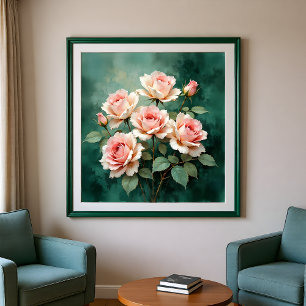 Blush-Rosen-Eleganz auf tiefem Jade Leinwanddruck