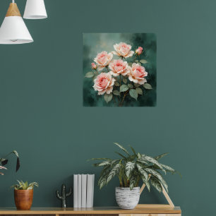 Blush-Rosen-Eleganz auf tiefem Jade Poster