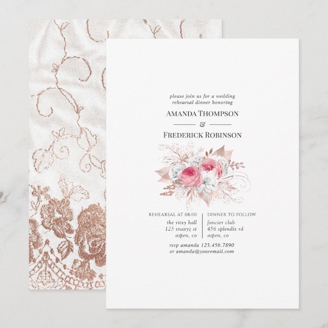 Blush & Rosen Gold Floral and Lace Probe Dinner Einladung (Vorne/Hinten)