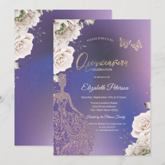 Blush Roses Glitter Girl Purple Quinceañera Einladung