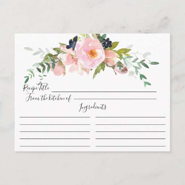 Blush Roses & Peonies Bridal Shower Recipe Card Postkarte (Vorderseite)
