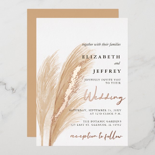 Blush Rustic Earthy Neutral Boho Pampas Wedding Folieneinladung (Vorderseite/Rückseite)