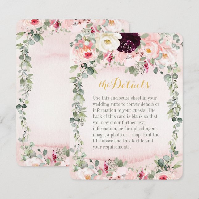 Blush Rustic Garden Wedding Details Eintrittskarte Einladung (Vorne/Hinten)
