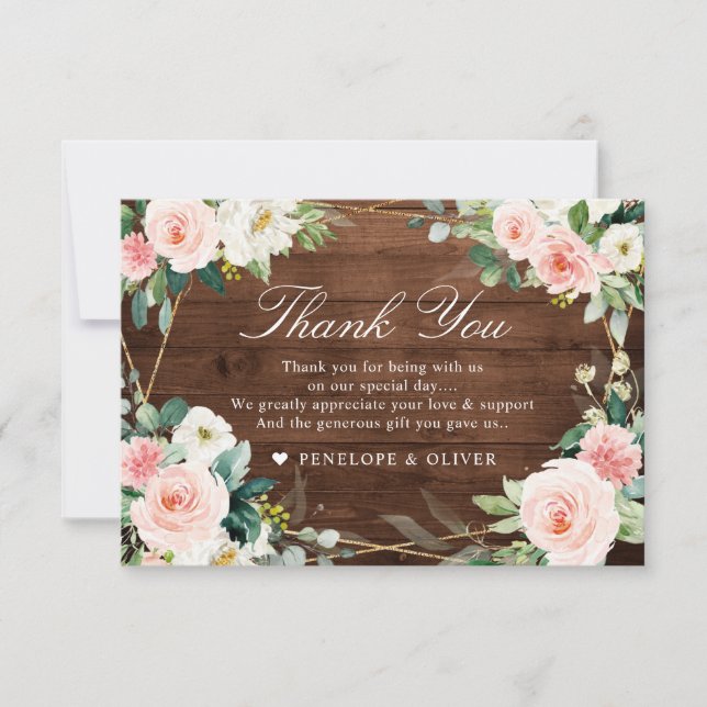 Blush Rustic Wood Floral Botanical Wedding Dankeskarte (Vorderseite)