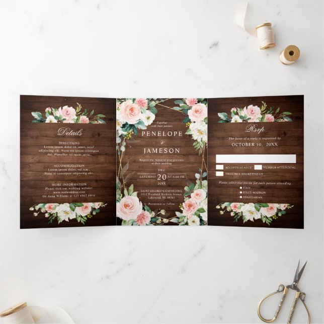 Blush Rustic Wood Floral Geometric Botanic Dreifach-gefaltete Programmkarte (Innenseite)