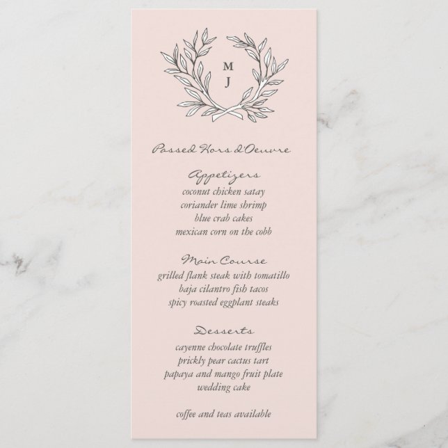 Blush Rusticus Monogram Wreath Weddin Empfang Menu Menükarte (Vorderseite)