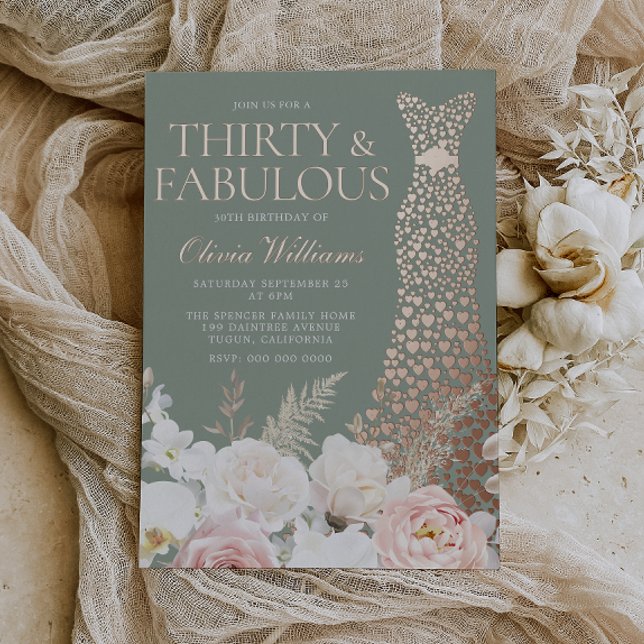  Blush & Sage 30th Birthday Rose Gold Gown Folieneinladung (Von Creator hochgeladen)