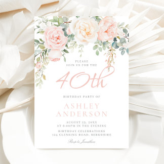 Blush & Sage Elegant Bloral 40. Geburtstag Party Einladung