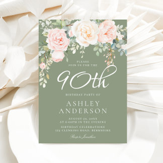 Blush & Sage Elegant Floral 90. Geburtstagsparty Einladung