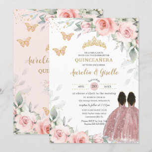 Blush Sage Floral Twins Brown Princess Quinceañera Einladung