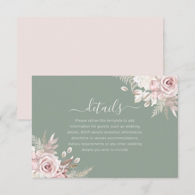  Blush, Sage & Ivory Floral Wedding Details Begleitkarte (Vorne/Hinten)