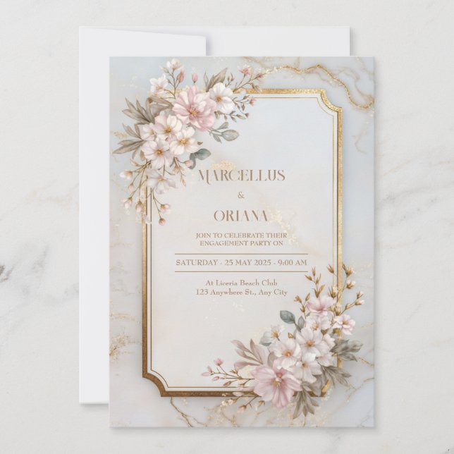 Blush Sakura Marble Gilded Frame Wedding Einladung (Vorderseite)