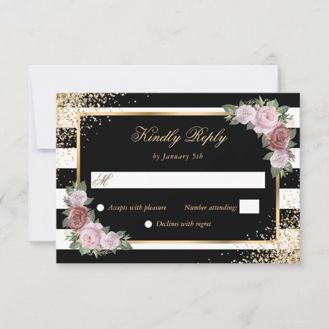 Blush Schwarz-weiß Gold Confetti Blumenhochzeit RSVP Karte (Vorderseite)