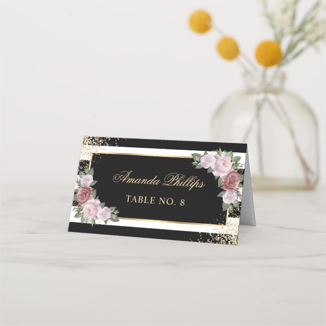 Blush Schwarz-weiß Gold Floral Wedding Platzkarte (Vorderseite)