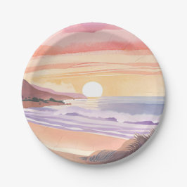 Blush Sea Sonnenuntergang | Strand Aquarellmalerei Pappteller