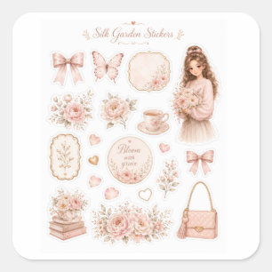 Blush Seiden-Garten Blumenaufkleber Quadratischer Aufkleber