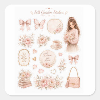 Blush Seiden-Garten Blumenaufkleber Quadratischer Aufkleber