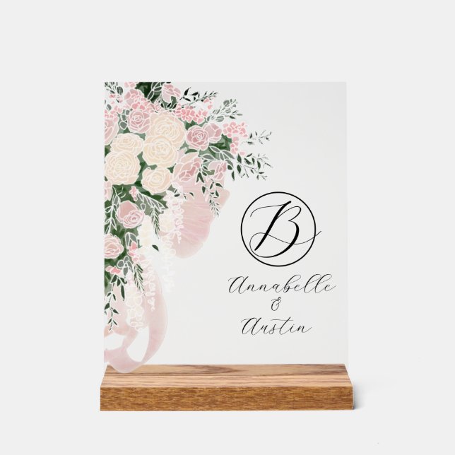 Blush Sheer Bow Rose Bouquet-Monogrammé (Recto)