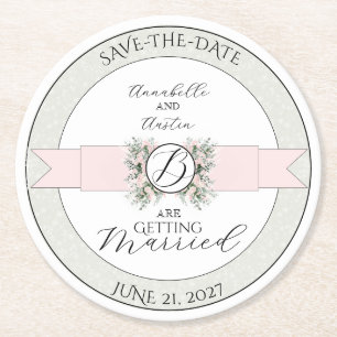 Blush Sheer Ribbon Rose Wisteria Save the Date Runder Pappuntersetzer