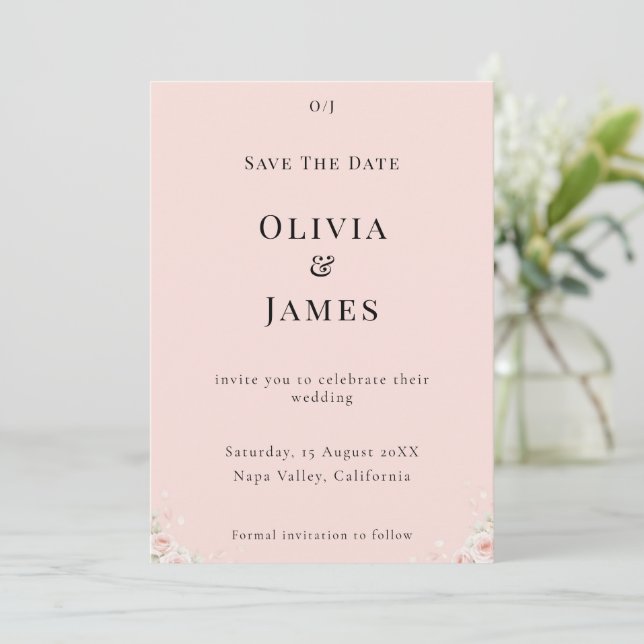 Blush Silk Pink Whispered Petals Modern Floral  Save The Date (Stehend Vorderseite)