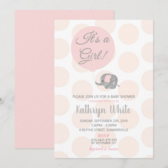Blush Silver Elephant Baby Shower Einladung Girl (Vorne/Hinten)