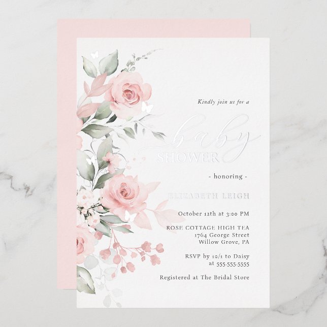 Blush Silver Floral Butterfly Babydusche Folieneinladung (Vorderseite/Rückseite)
