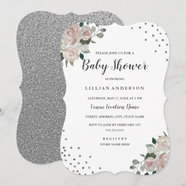 Blush Silver Floral Confetti Baby Dusche laden Einladung (Vorne/Hinten)