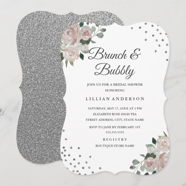 Blush Silver Floral Confetti Brunch und Bubbly Einladung (Vorne/Hinten)