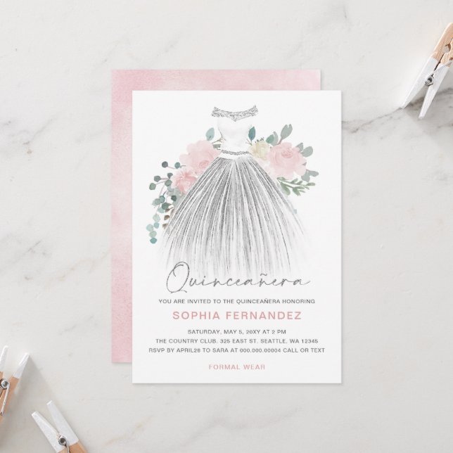 Blush Silver Glitzer Blumenkleid Quinceañera Einladung (Vorderseite/Rückseite Beispiel)