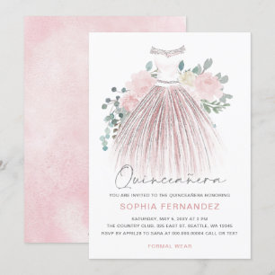 Blush Silver Glitzer Blumenkleid Quinceañera Einladung
