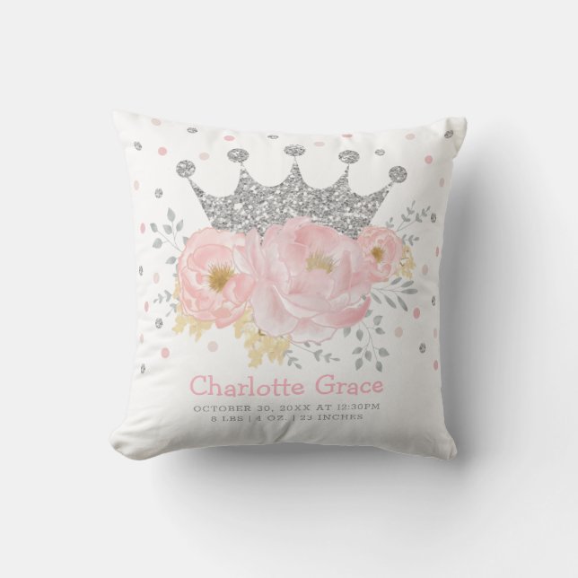 Blush Silver Royal Princess Crown Baby Birth Stats Kissen (Vorderseite)