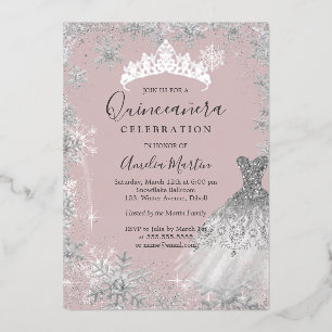 Blush Silver Winter Snowflake Quinceanera Folieneinladung