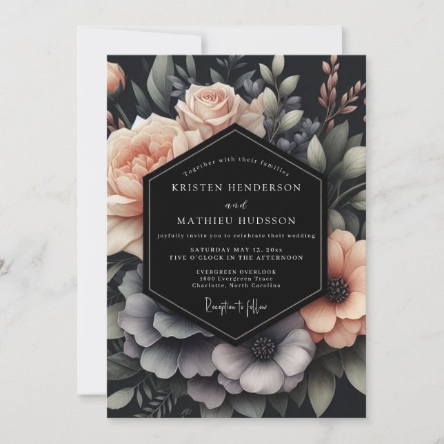 Blush & Slate Dramatic Bloom Hochzeit Einladung (Vorderseite)
