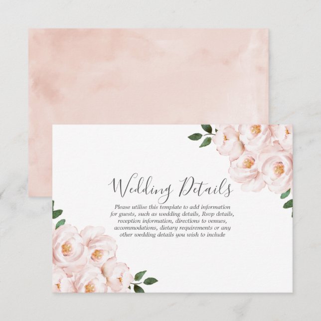 Blush Soft Pink Blume Wasserfarbe Hochzeitsdetails Einladung (Vorne/Hinten)
