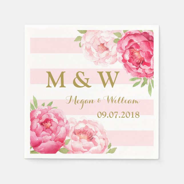 Blush Streifen Pink Watercolor Wedelmonogramm Serviette (Vorderseite)